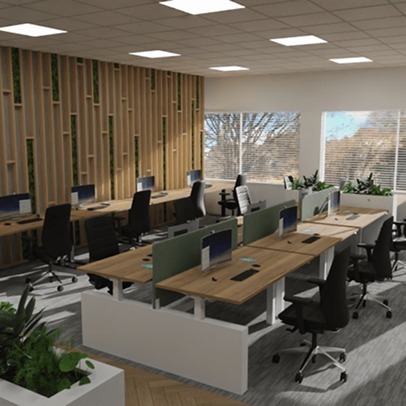 Visualisatie van  een kantoortuin met veel groen en houten lattenwand